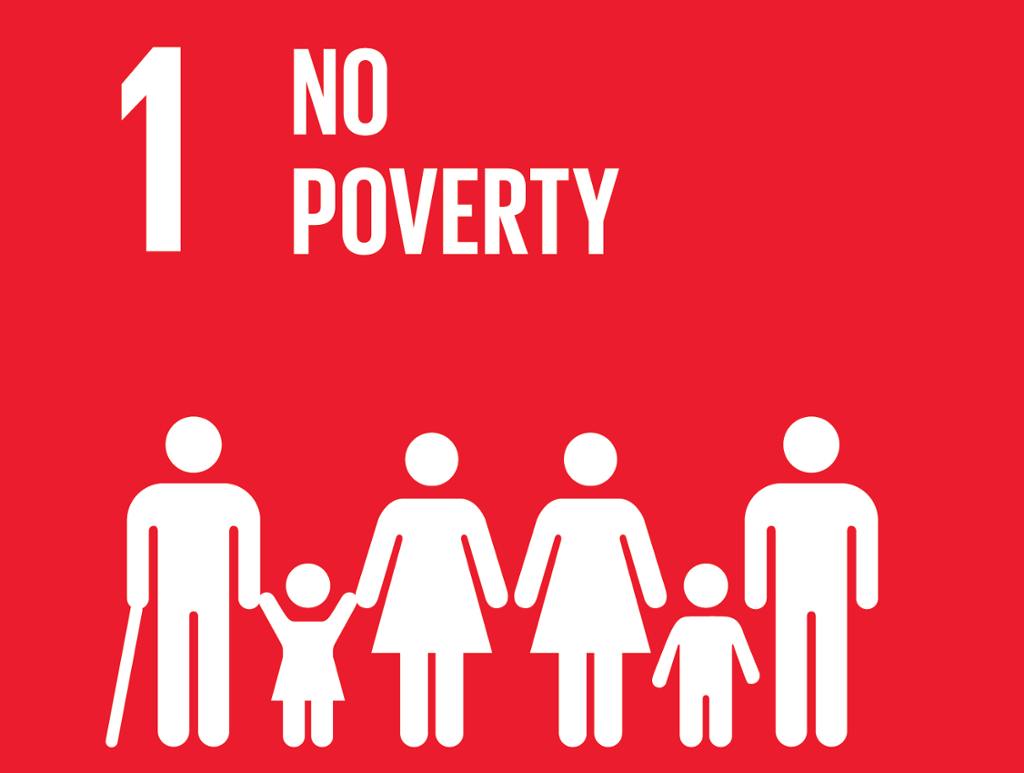 Illustration:  simplified icons of person with cane, two children, two women and a man. White on a red background. 