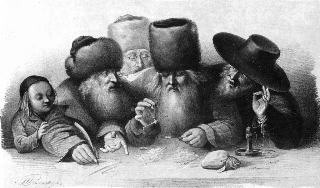 Fire menn og ett barn gjør opp en handel ved et bord. Mennene har lange skjegg og ulike typer høye luer. En har bredbremmet hatt. Barnet har kipa. Maleri.