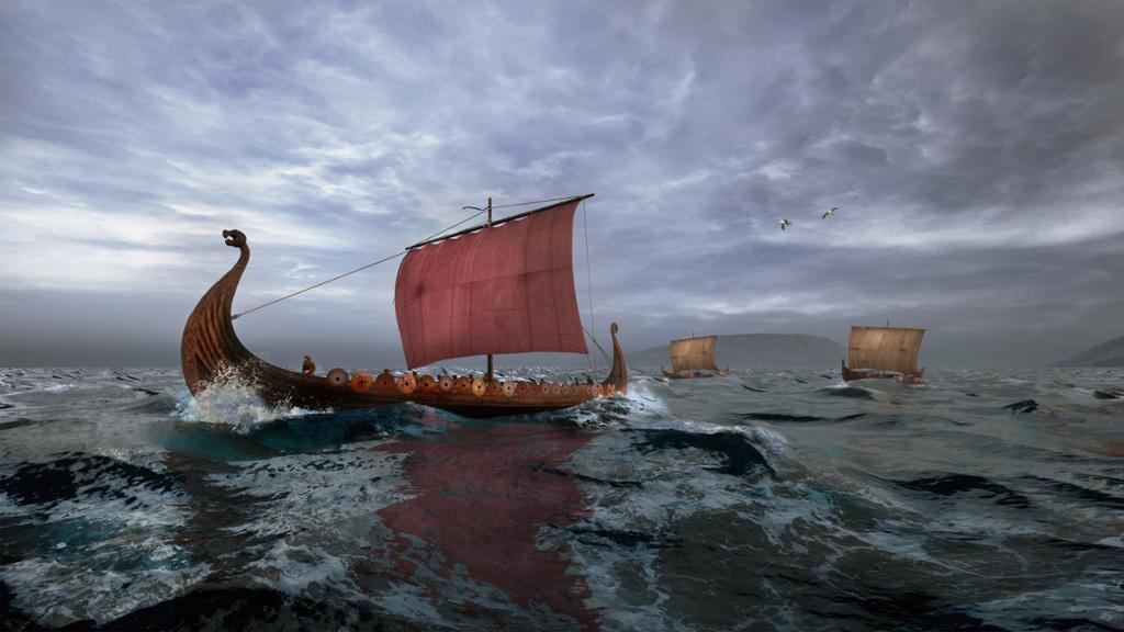 Vikingskip med segl ute på havet. Eitt skip i fokus og to skip lengre bak. Illustrasjon. 