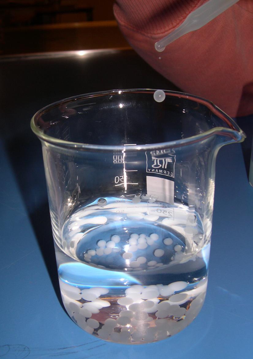 Begerglass med alginatkuler. Foto.