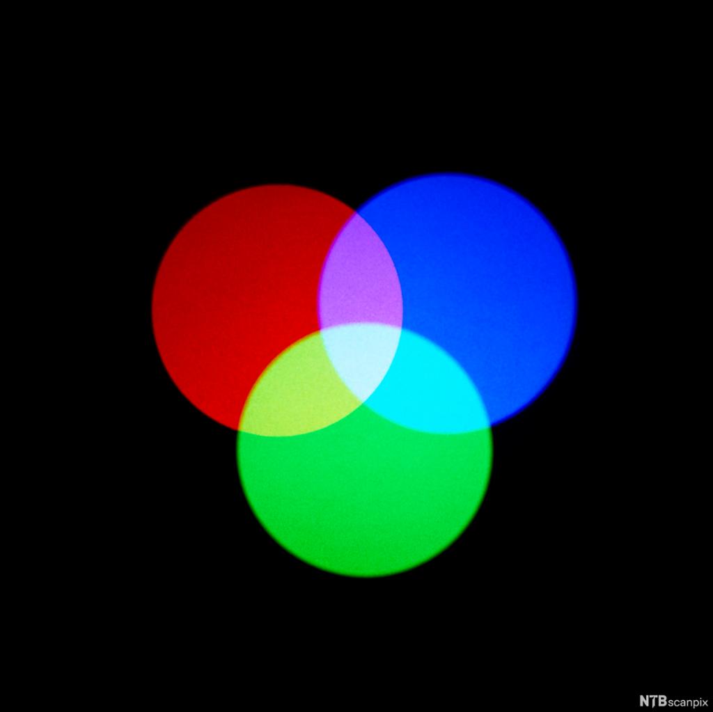 Rød, grønn og blå sirkel delvis oppå hverandre. Bilde.