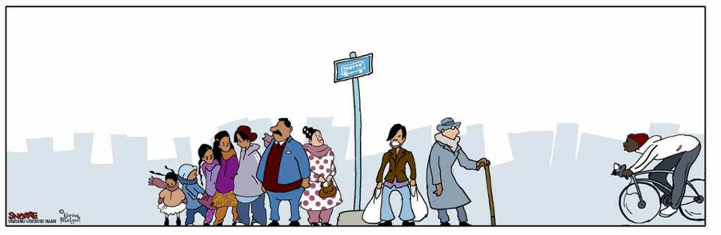 Ulike mennesker ved et buss-stopp. Illustrasjon.