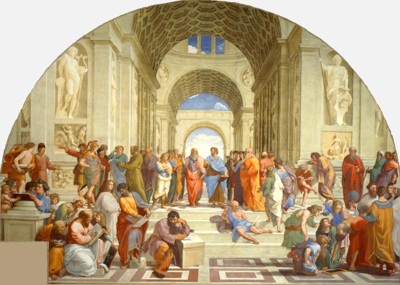 Freske av Rafael kalt Skolen i Athen, som fremstiller Platons akademi der de antikke filosofene diskuterer seg imellom. Maleri. 