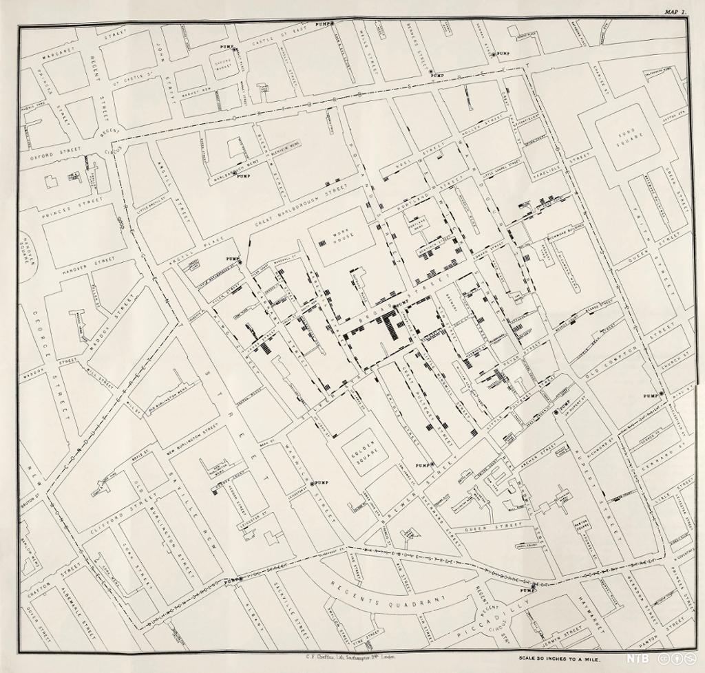 Et kart som viser utbredelsen av koleradødsfall i Soho under koleraepidemien i 1854. Illustrasjon.