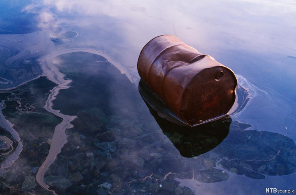 Et gammelt oljefat liggende i vann. Foto. 
