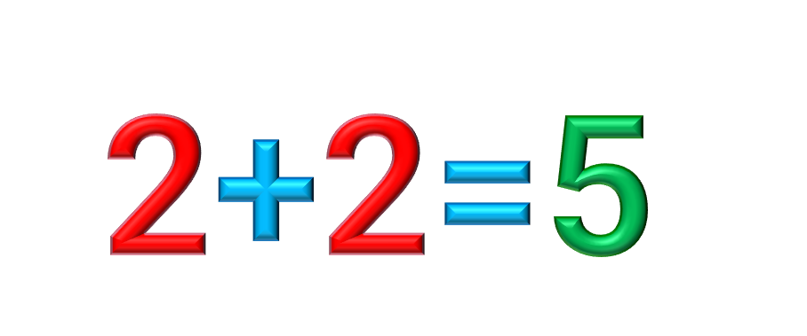 Illustration: 2+2=5. The twos are red, the plus sign and the equal sign are blue, the five is green. 