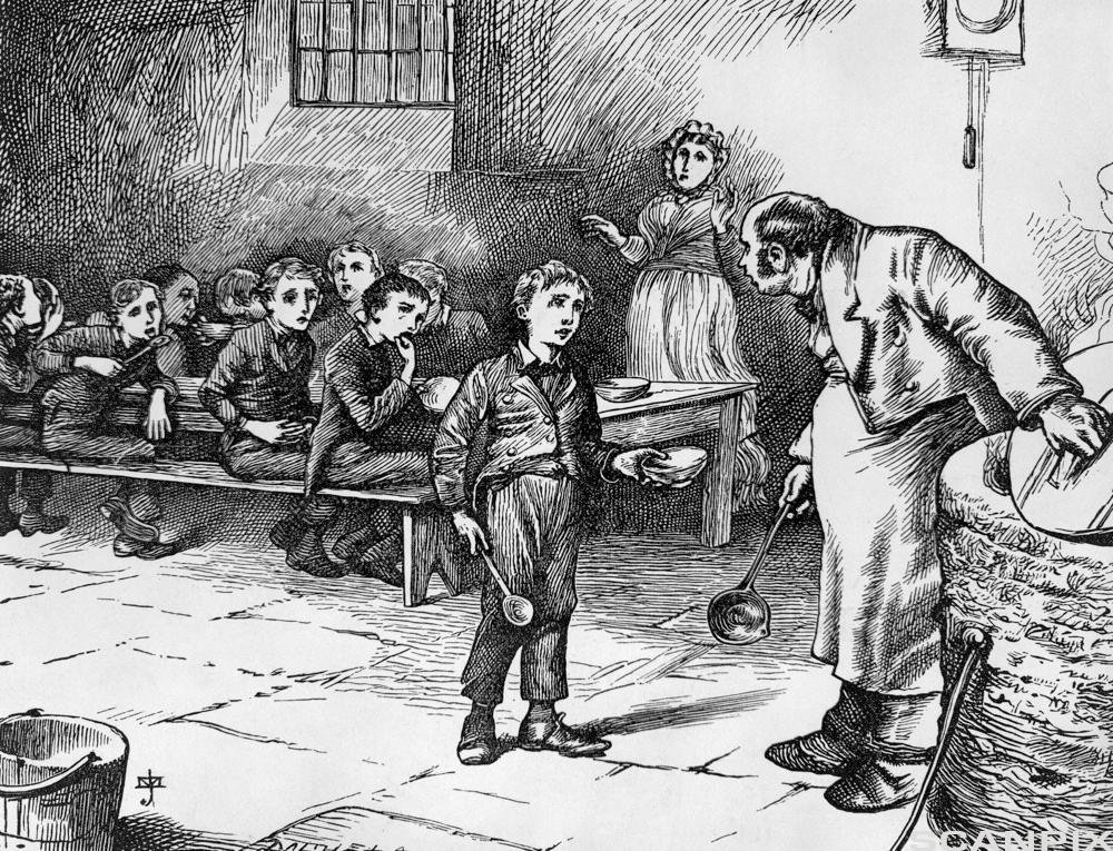 Illustrasjon av Oliver Twist som spør styreren på barnehjemmet om mer mat. Han holder tallerkenen sin fram og har en skje i den andre hånden. En mann holder i suppelokket og har en øse i den andre hånden. Bak ham sitter en rekke barn som ser sultne ut. Illustrasjon.