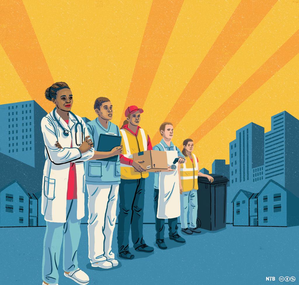 Illustration: We see a row of essential workers; doctor, nurse, delivery person, shop worker, sanitation worker. 