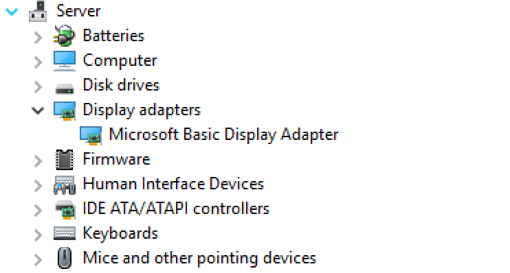 Liste over einingskategoriar. Drivaren «Microsoft Basic Display Adapter» er lagd inn under kategorien «Display Adapters». Skjermbilete.