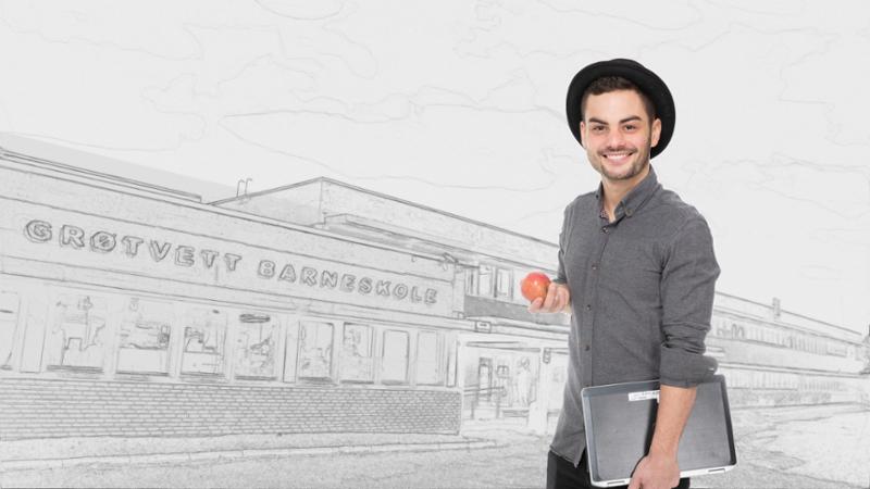 En ung mann med laptop under armen og eple i hånda foran en tegnet barneskole. Foto og illustrasjon. 