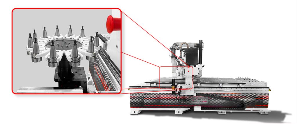 En CNC-styrt maskin med detaljbilde av verktøyholderen. Verktøyholderen er sirkelforma, og de enkelte verktøyene er festa med klyper som er plassert langsmed ytterkanten av sirkelen, hele veien rundt. Foto.