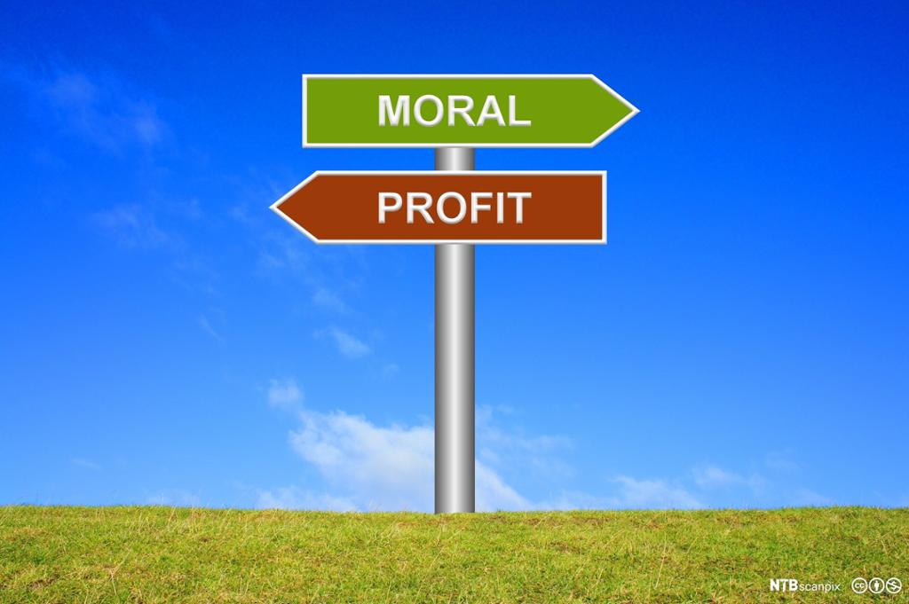 To trafikkskilt som viser vei til henholdsvis moral og profitt. Illustrasjon.