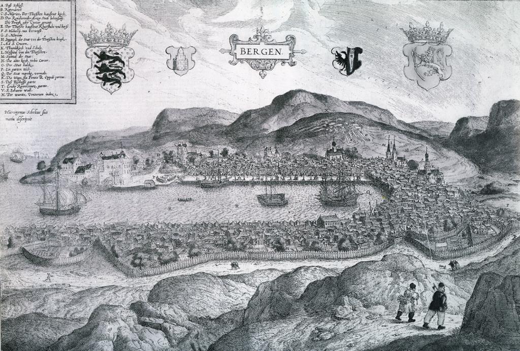 Kobberstikk som viser Bergen by rundt 1580