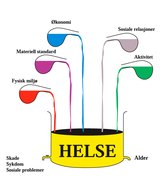 Helsekaret viser noen faktorer som påvirker helsen. For eksempel økonomi, materiell standard, sosiale relasjoner, fysisk aktivitet. Foto.