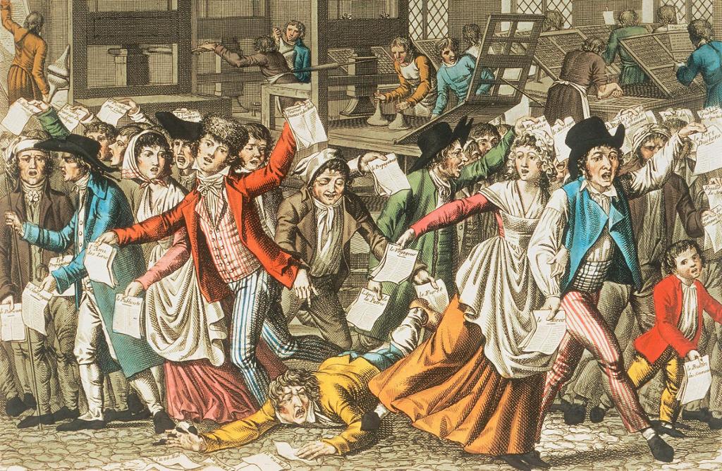 Menn og kvinner i 1700-tallsklede med løpesetlar og aviser i hendene. Illustrasjon.