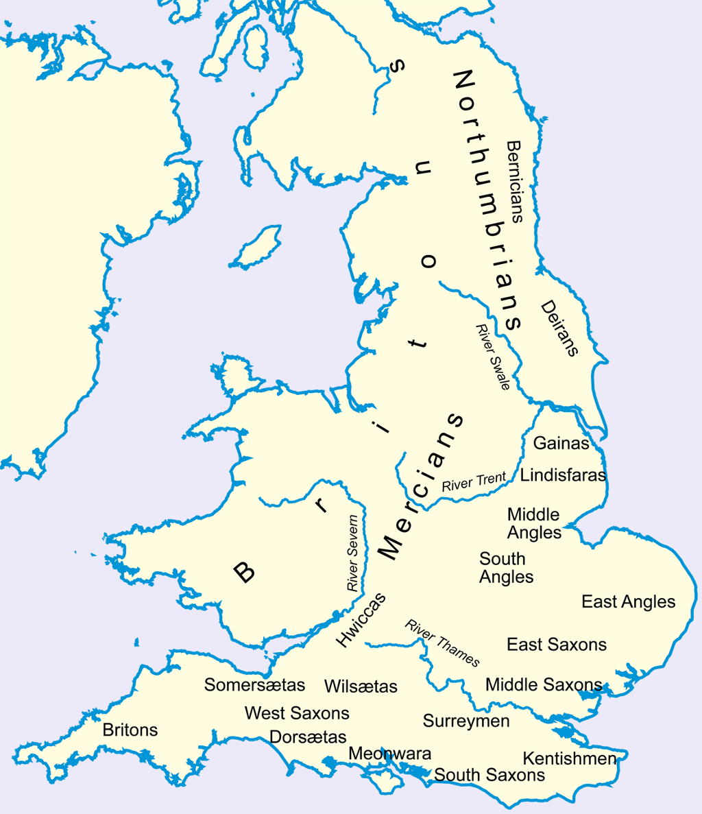 Map of peoples in Britain circa 600. Illustration.