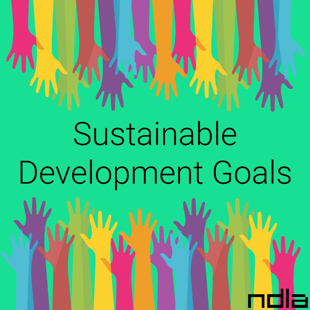 Several colourful hands reaching towards the title: "Sustainable Development Goals." Illustration.