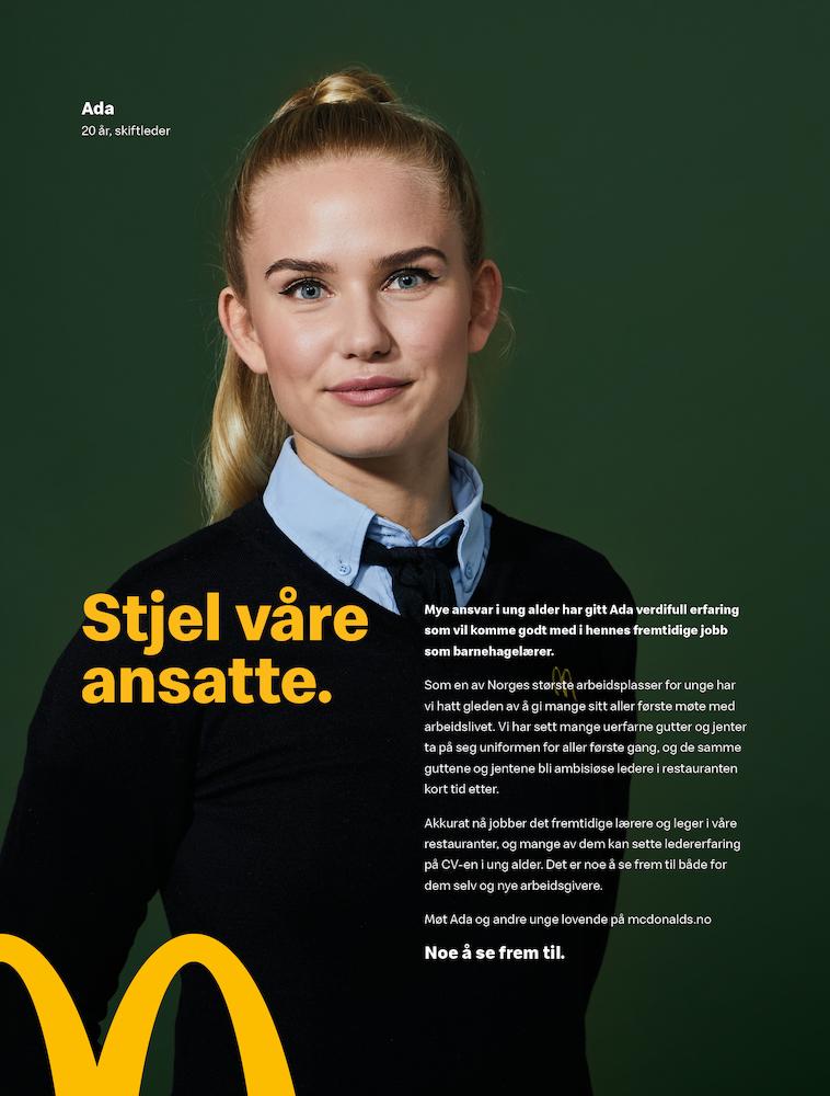 Reklameannonse fra McDonald's. En ung kvinne i en slags skoleuniform smiler til kamera. En av overskriftene lyder: "Ada, 20 år, skiftleder". Kampanjen har navnet "Stjel våre ansatte". Illustrasjon.