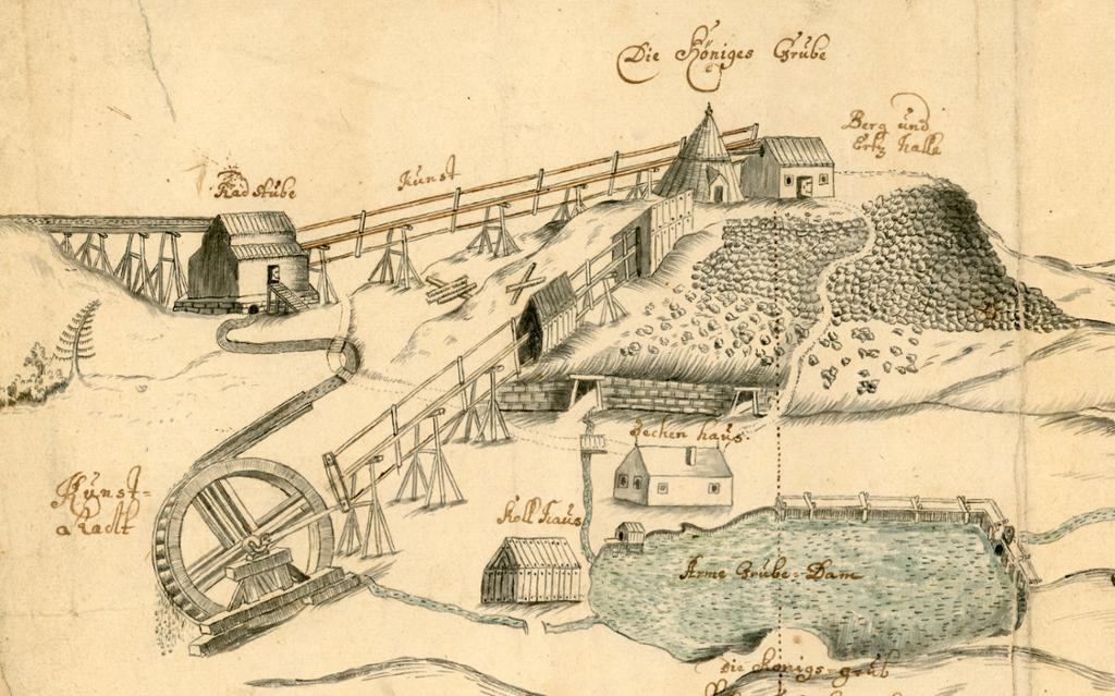 Gammel teknisk tegning av trekonstruksjoner ved Kongens gruve, Kongsberg sølvverk. Tegningen viser en dam, et vannhjul, renner og flere små hus. Illustrasjon.