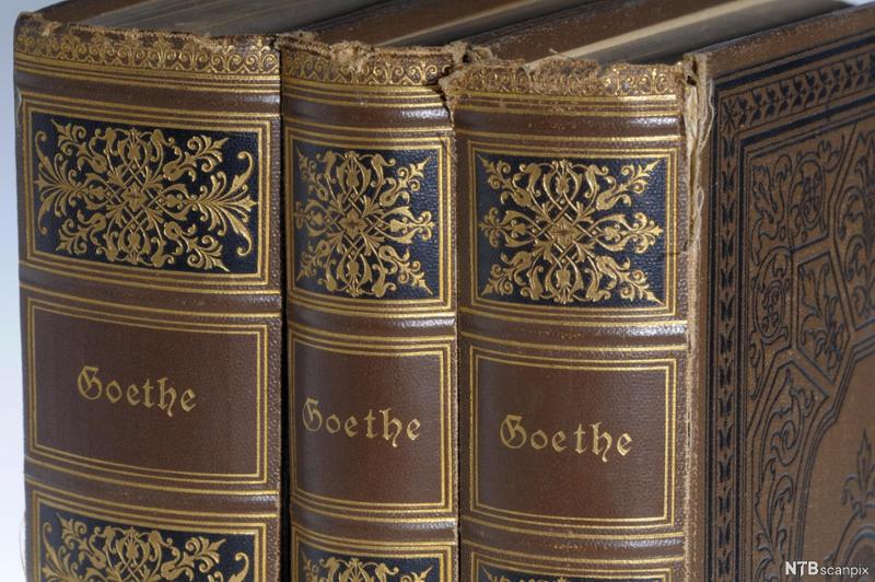 Tre gamle bind med verker av Goethe. Forfatternavnet står med gullskrift på bokryggene. Foto.