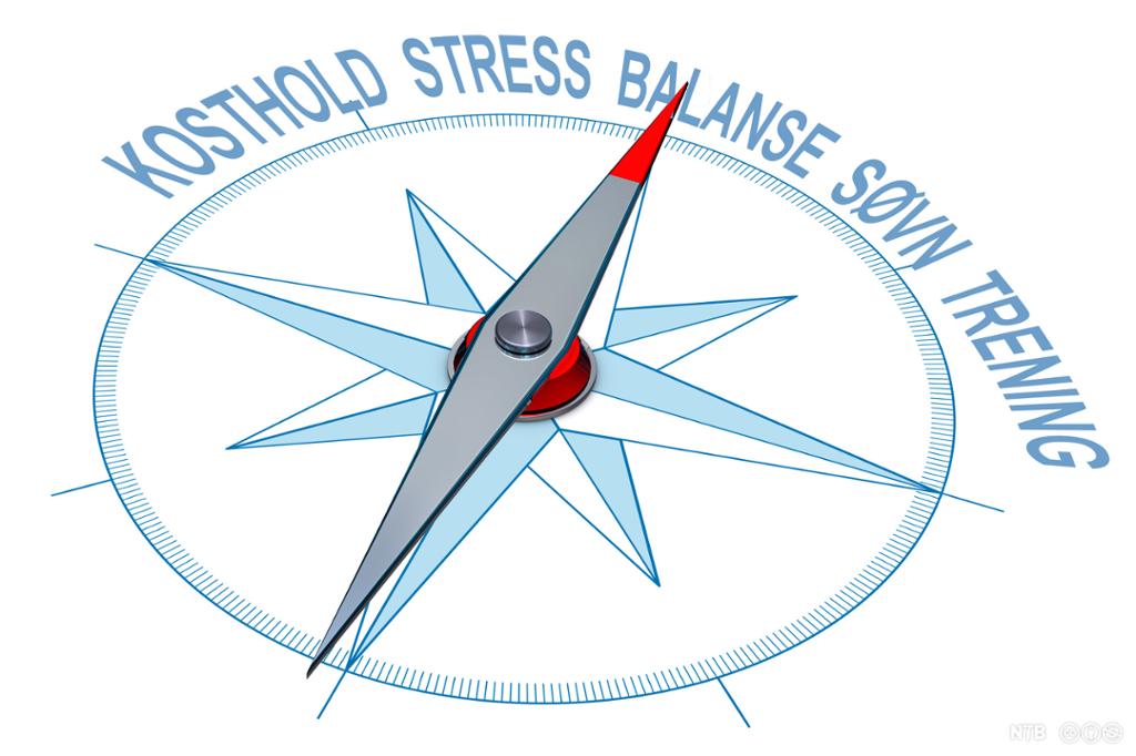 Et kompass som peker på ordet balanse mellom kosthold, trening, stress og søvn. Illustrasjon.