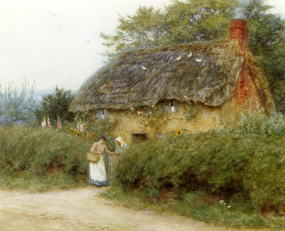 A painting of two women, one young, one old, are standing by a garden gate. There is an old, thatched cottage with hedges around it. There are also flowers seen in the cottage garden. 