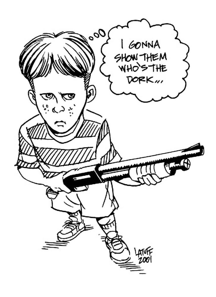 A drawing showing a young boy with a gun. He looks angry. A thought bubble describes his thoughts: "I gonna show them who's the dork..." 