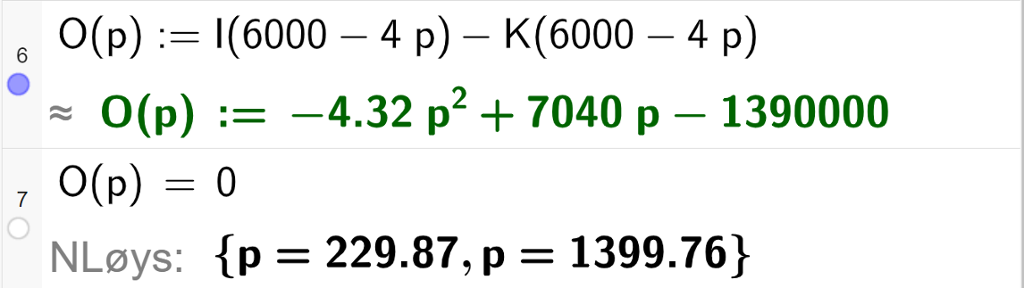 Skjermutklipp av CAS-utrekning med GeoGebra. På linje 6 er overskotsfunksjonen O av p kolon er lik I av parentes 6000 minus 4 p parentes slutt minus K av parentes 6000 minus 4 p parentes slutt skriven inn. På linje 7 er likninga O av p er lik 0 skriven inn. Svaret med "N Løys" er p er lik 229,87 eller p er lik 1399,76.