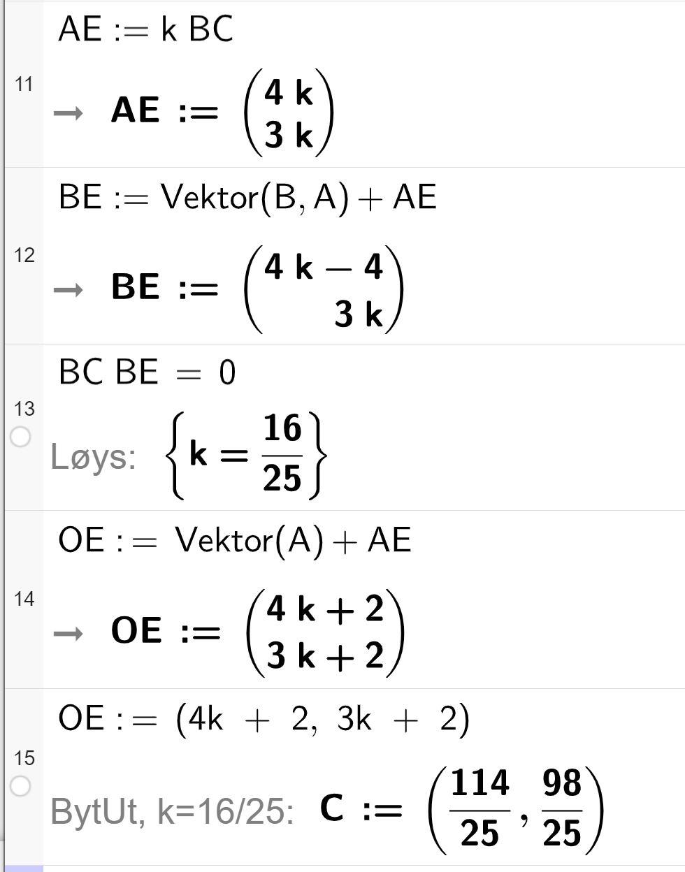CAS-utrekning i GeoGebra. På linje 11 står det A E kolon er lik k multiplisert med B C. Svaret er gitt som A E kolon er lik parentes 4 k over 3 k parentes slutt. På linje 12 står det B E kolon er lik Vektor parentes B komma A parentes slutt pluss A E. Svaret er gitt som B E kolon er lik parentes 4 k minus 4 over 3 k parentes slutt. På linje 13 står det B C multiplisert med B E er lik 0. Svaret med Løys er k er lik 16 delt på 25. På linje 14 står det O E kolon er lik Vektor parentes A parentes slutt pluss A E. Svaret er gitt som O E kolon er lik parentes 4 k pluss 2 over 3 k pluss 2 parentes slutt. På linje 15 står det O E kolon er lik parentes 4 k pluss 2 komma 3 k pluss 2 parentes slutt. Under dette er det skrive inn ByttUt komma k er lik 16 delt på 25 kolon C kolon er lik parentes 114 delt på 25 komma 98 delt på 25 parentes slutt. Skjermutklipp. 