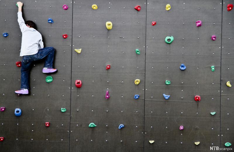 Et barn klatrer på en mørk vegg med fargerike klatregrep. Bilde