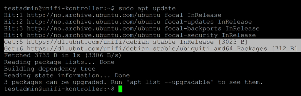 Ledetekst hvor brukeren har skrevet inn «sudo apt update». Under er det listet opp hvilke pakkereservoarer som blir gjennomsøkt. UniFi er et av dem. Nederst er det en tom ledetekstlinje klar for ny kommando. Skjermbilde.