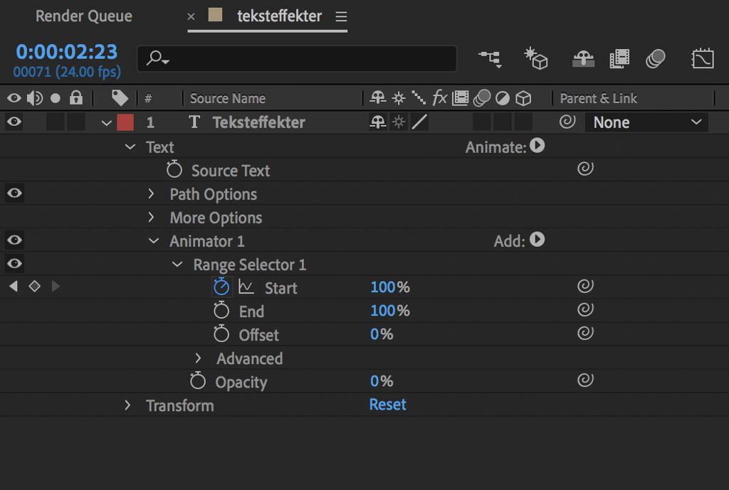 Arbeidsvindu i After Effects som viser en meny i tekstlaget. "Animator 1" er åpnet og menyen "Range Selector 1" vises. Skjermutklipp.