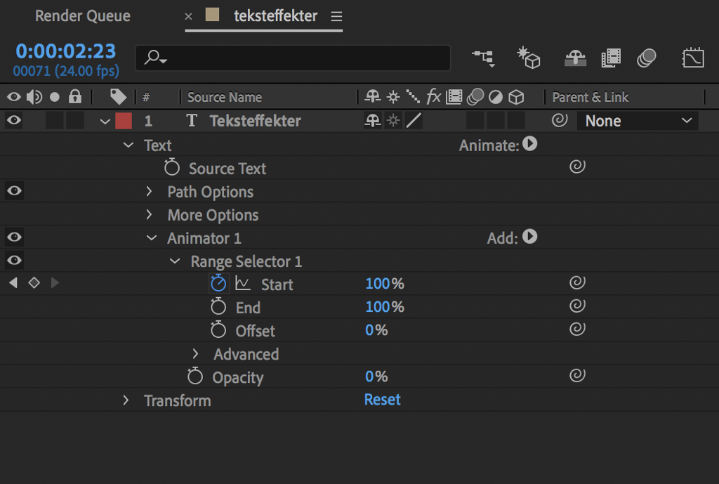 Arbeidsvindauge i After Effects som viser ein meny i tekstlaget. "Animator 1" er opna og menyen "Range Selector 1" har komme fram. Skjermutklipp.