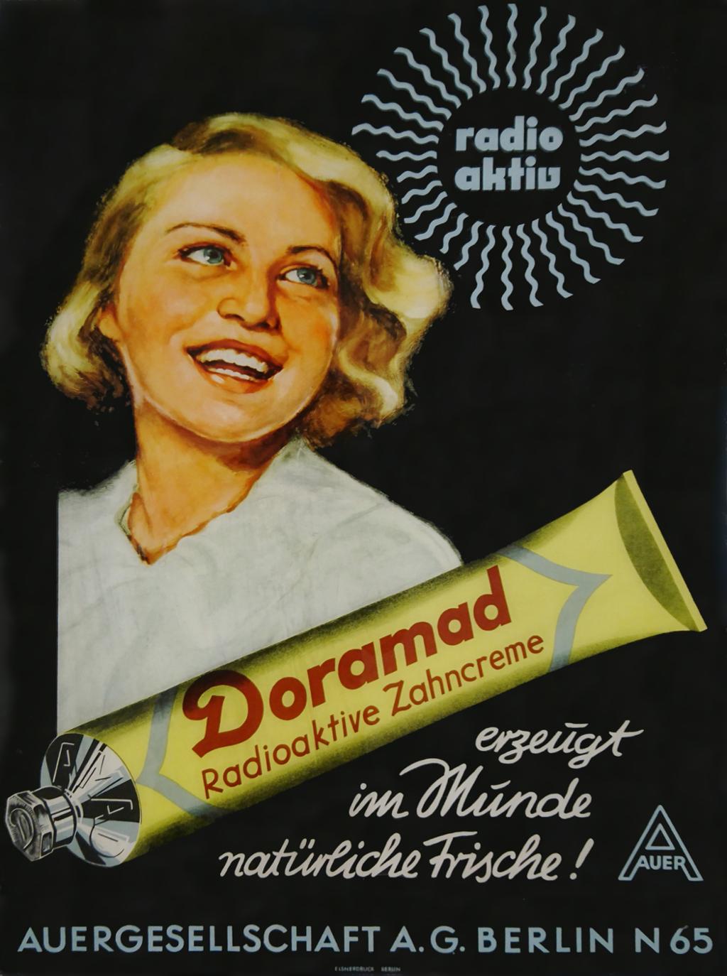 Tysk reklameplakat med smilende kvinne med radioaktiv tannkrem. Illustrasjon.