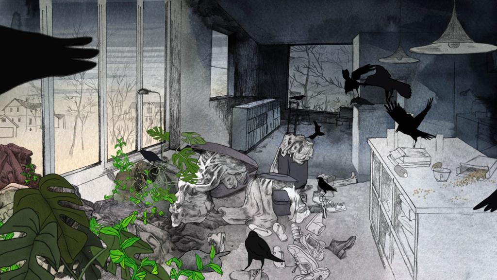Tegning av ei stue med planter som vokser vilt, og kråker. Plantene er grønne, mens resten av tegningen er i svart-hvitt. Illustrasjon.