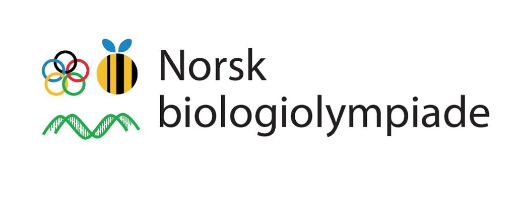 Tre illustrasjoner og teksten "Norsk biologiolympiade". Den ene illustrasjonen er fem ringer i blått, svart, rødt, grønt og gult koblet i hverandre som en blomst. Den neste er en sirkel som minner om humle og en frukt. Den tredje er et DNA-molekyl. Illustrasjon.