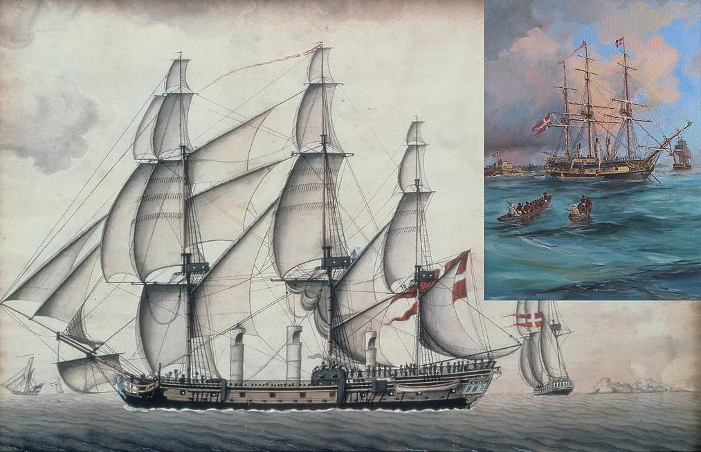 Two watercolour drawings of a sailing ship. It has Danish flag. Underneath the picture are the words 'SKIBET FREDENSBORG FØRT af CAPITAIN J:BERG', which means 'the ship Fredensborg captained by J. Berg'. 
