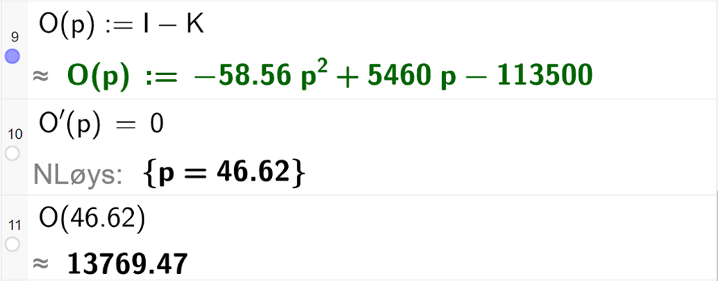 Skjermutklipp av CAS-utrekning med GeoGebra. På linje 9 er funksjonen O av p sett lik I minus K. Svaret med tilnærming er O av p kolon er lik minus 58,56 p i andre pluss 5460 p minus 113500. På linje 10 er likninga O derivert av p lik 0 skriven inn. Svaret med "N Løys" er p er lik 46,62. På linje 11 er O av 46,62 rekna ut med tilnærming til 13769,47. 