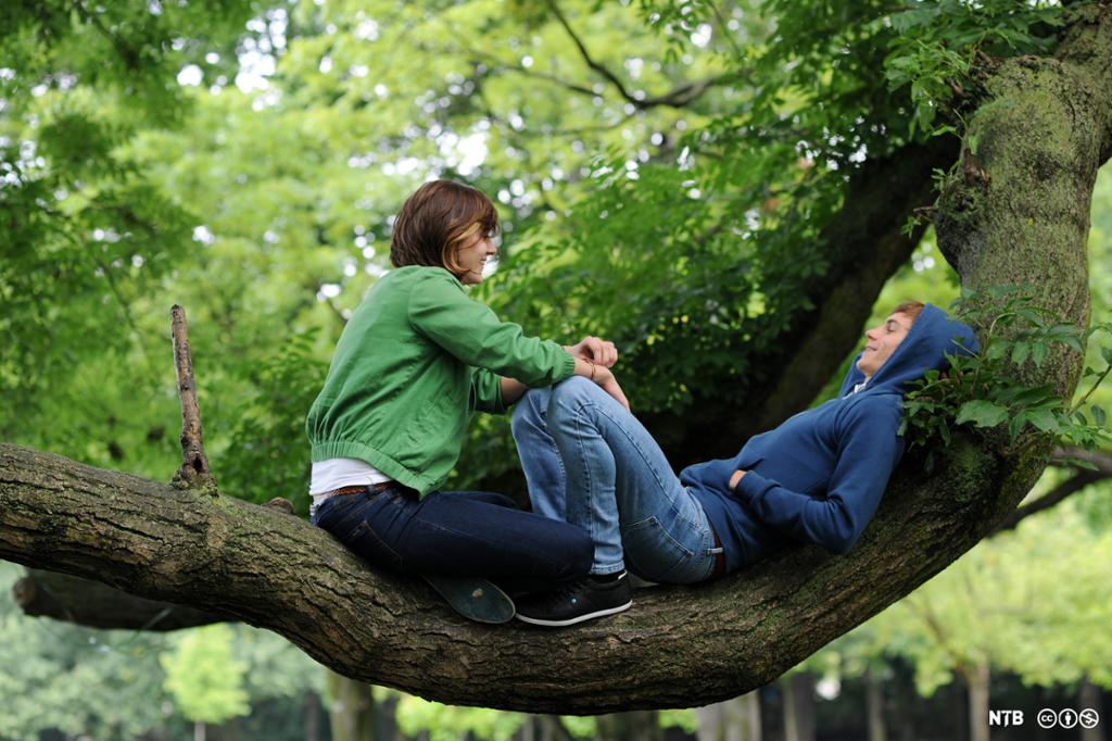 Ein gut og ei jente sit på ei grein og snakkar. Foto.