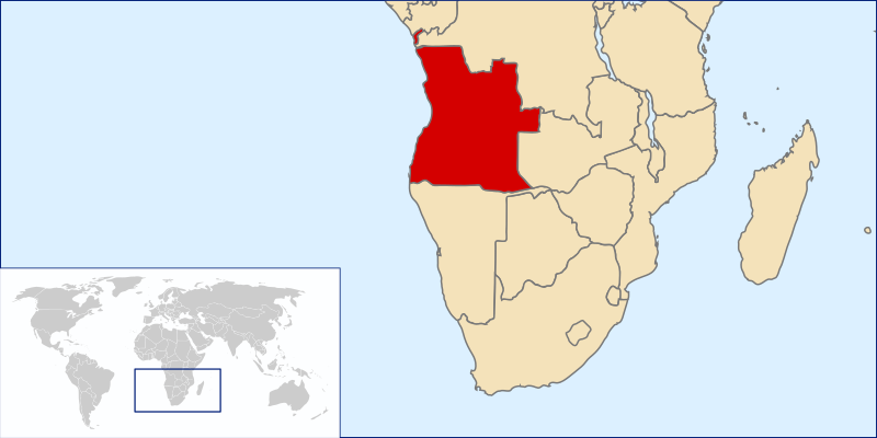 Map of the southern part of Africa, showing Angola in red. In a box there is a world map with this part of Africa in a square.  Drawing. 