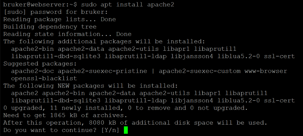 Linux listar opp programpakker som vil bli installerte ved installasjon av Apache2. Brukaren blir spurt om å stadfeste installasjon ved å taste y for yes eller n for no. Skjermbilete.