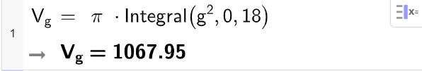 Beregning av indre volum av blomstervase i CAS, ei linje. Volumet beregnes ved å skrive V g er lik pi ganger integral parentes g opphøyd i andre komma 0 komma 18 parentes slutt. Resultatet er 1067,95. Skjermutklipp.