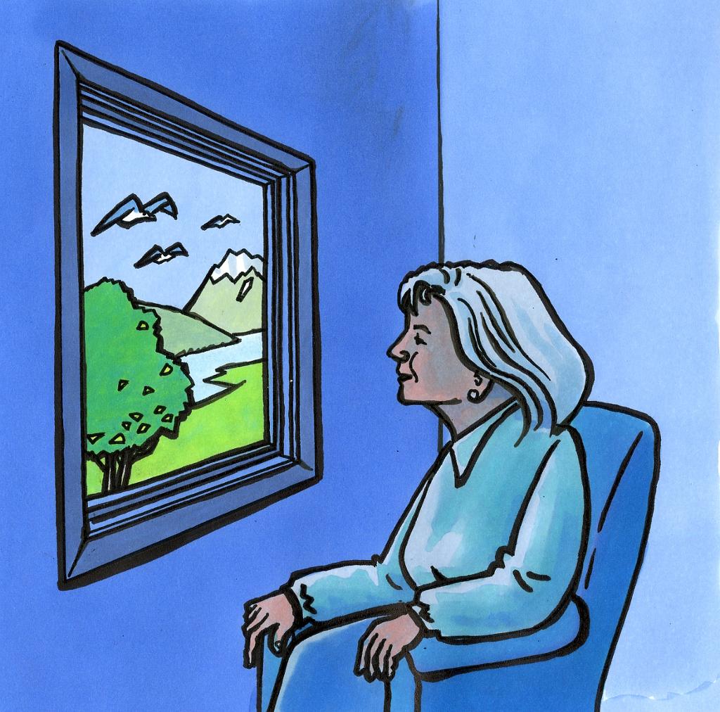 gammel dame sitter å ser ut av vinduet.ilustrasjon.