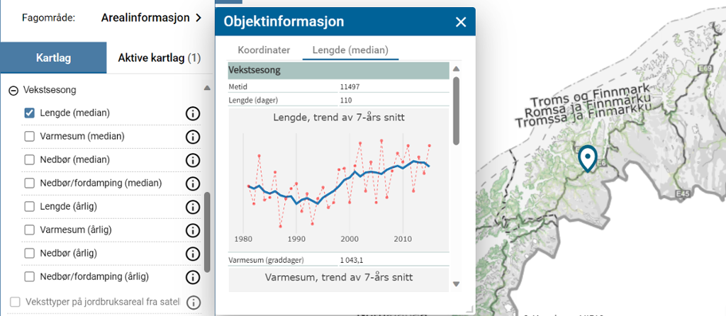 Skjermdump fra det digitale kartet Kilden som viser endringa i varmesum for et valgt sted i Troms og Finnmark i perioden 1980 til 2015 som en graf. Illustrasjon.