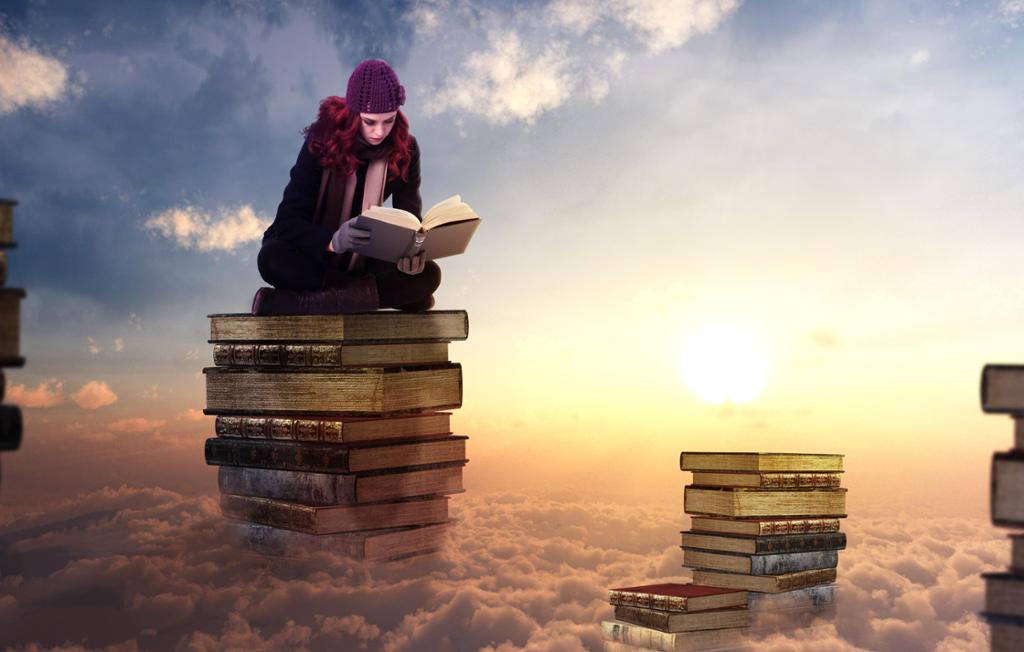 Photo Art: A girl sits on top of a stack of books which is resting on clouds. She is reading. She is wearing outdoor clothes. Around her there are other stacks of books. 