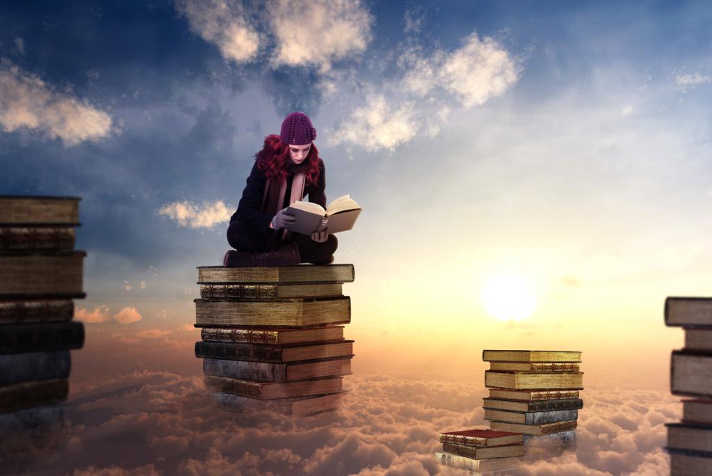 Photo Art: A girl sits on top of a stack of books, which is resting on clouds. She is reading. She is wearing outdoor clothes. Around her there are other stacks of books. 