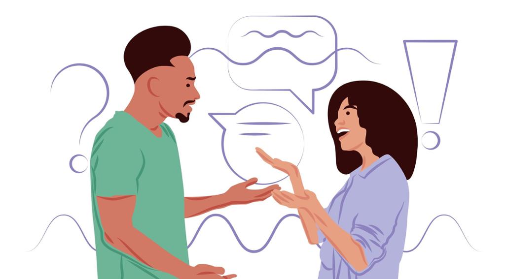 A graphic illustration showing a young woman and a young man talking and discussing. Behind them, there are speech bubbles and question marks. 