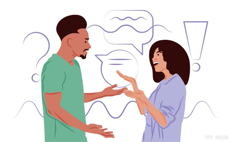 A graphic illustration showing a young woman and a young man talking and discussing. Behind them, there are speech bubbles and question marks.    