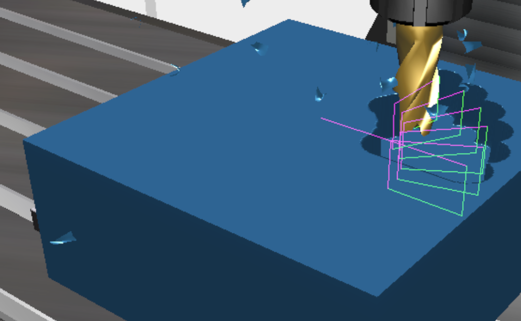 Ei simulering av ein CNC-fres som freser eit blomstermønster i eit arbeidsstykke. Bevegelsen til CNC-fresen er merkt med strekar, der grøn strek er fresing, som har kommando G01, og lilla strek er hurtigmating, som har kommando G00. Skjermbilete.