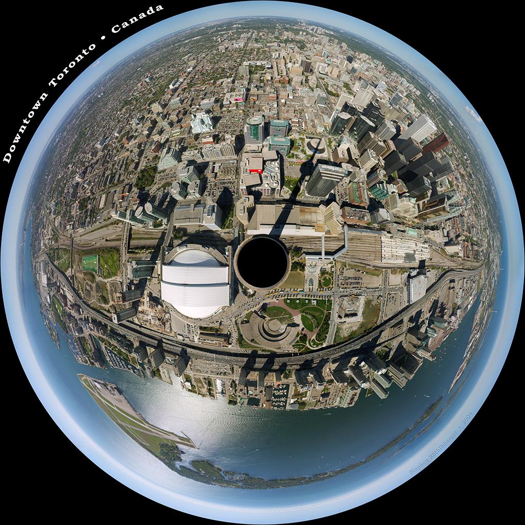 Downtown Toronto trough fish-eye lense. Photo.